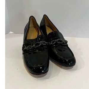 Antonio Melani Black Patent Leather Chain‎ Loafer Block Heel Pumps Women's